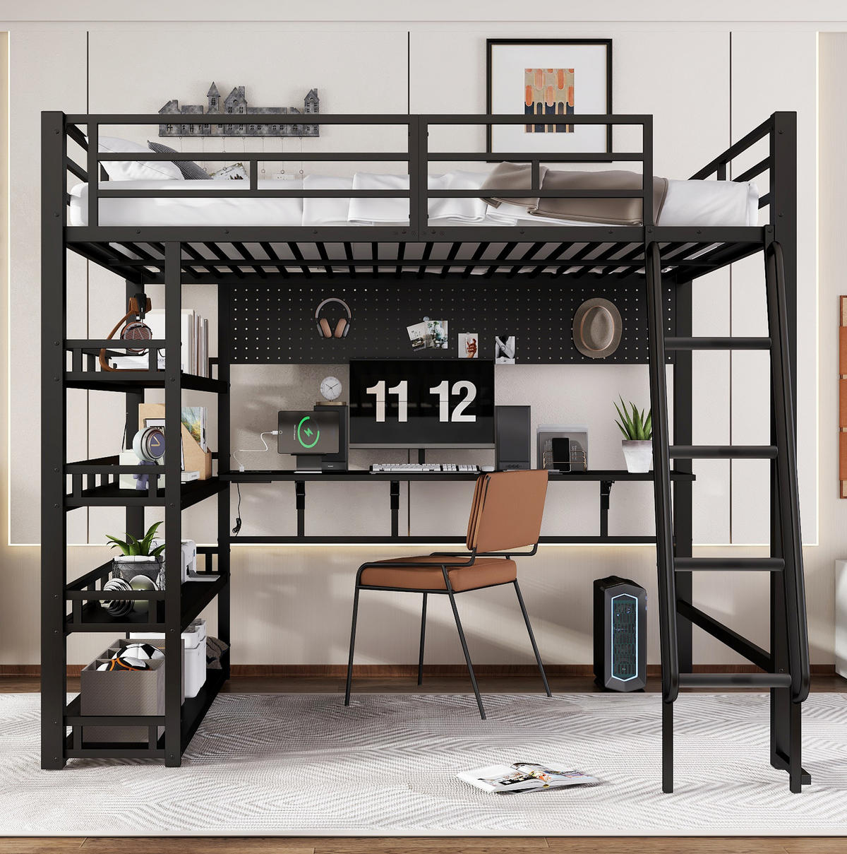 HOCHBETT 140/200 cm in Schwarz – mit Stauraum, Ladeanschluss und schräger Leiter - Schwarz, Metall (140/200cm) - BEAOK
