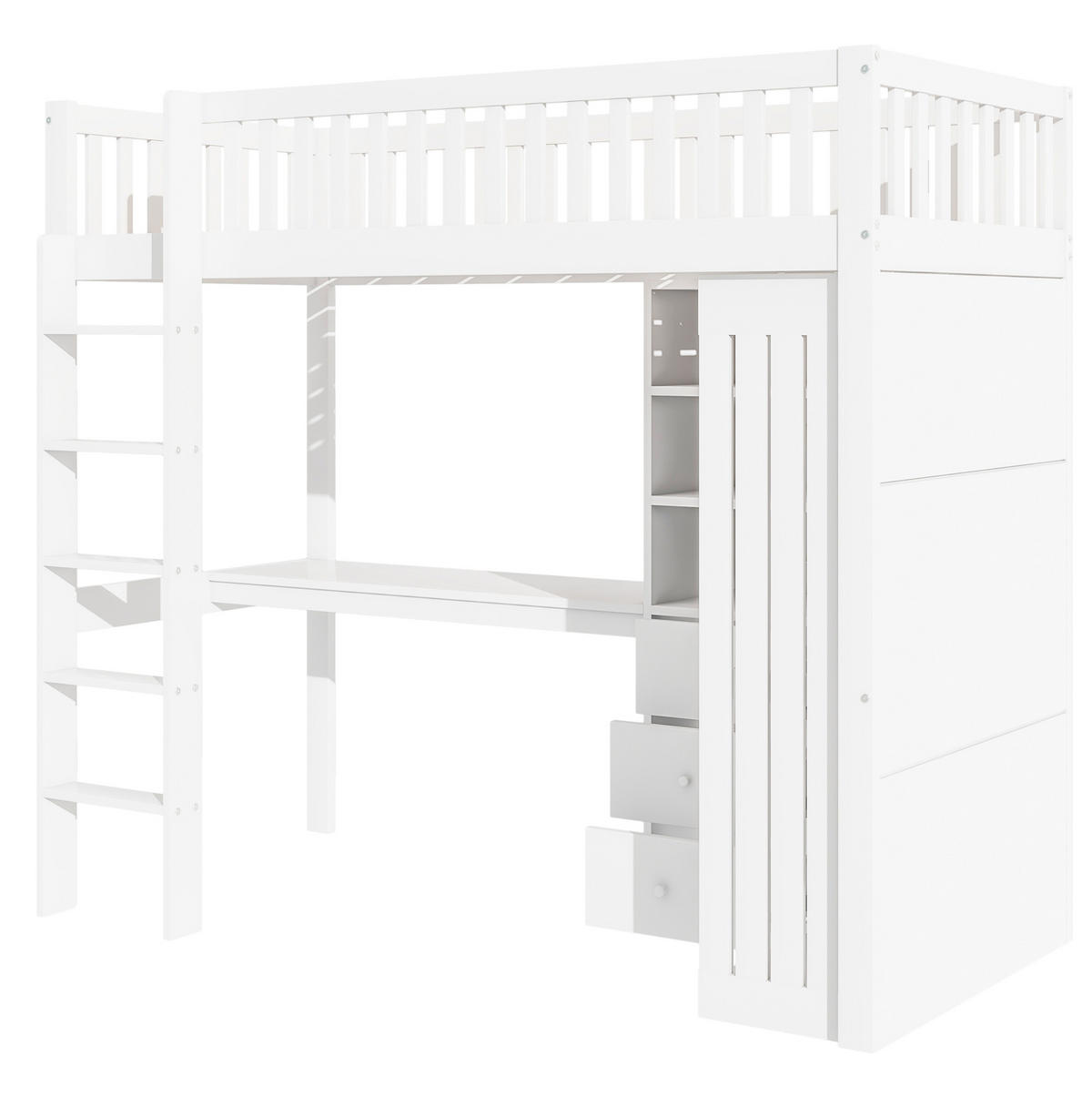 VYSOKÁ posteľ 90/200 cm biela z borovice a MDF s písacím stolom šatníkom 3 zásuvkami a schodmi - biela, drevo (90/200cm) - OKWISH