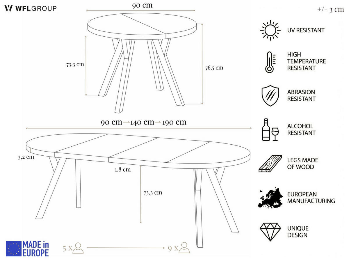 ESSTISCH Vero rund ausziehbar verlängerbar, Eiche Sonoma Hellbraun 90-190/90/77 cm - Schwarz/Sonoma Eiche, Holz/Holzwerkstoff (90/90/77cm) - WFL GROUP