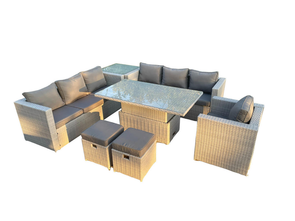 GARTENSOFA SET mit höhenverstellbarer Tisch Polyrattan Helles Grau 9-Sitzer - Hellgrau, Metall - Fimous
