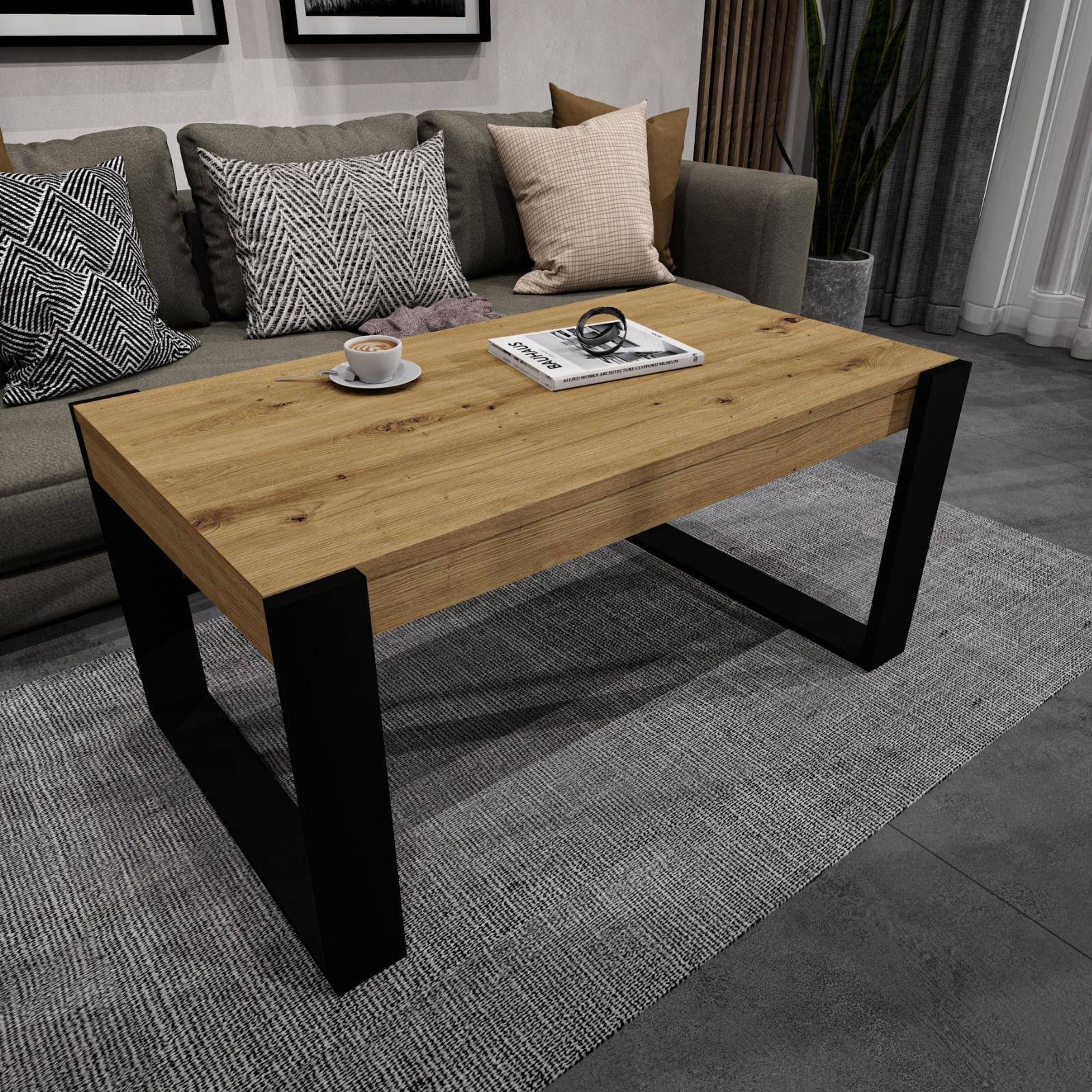 COUCHTISCH Karo II 92/44/54 - Schwarz/Eiche Artisan, Holzwerkstoff (54/92/44cm) - RAUMHIRSCH FURNITURE