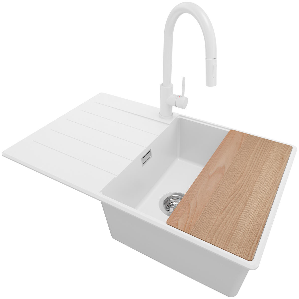 GRANITSPÜLE Kopenhagen, 2-er set Weiß 78/50 cm 1 Becken + Küchenarmatur 40/20 cm + Ablauf-Set + Schneidebrett ab 50er Unterschrank - Chromfarben/Beige, Kunststoff (78/20/50cm) - Primagran