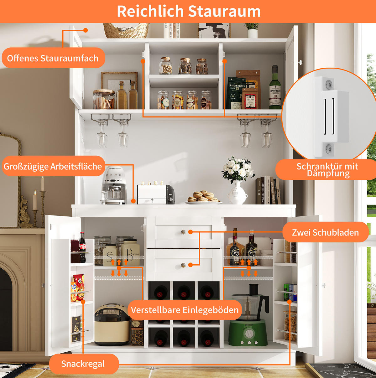 BUFFET 120/40/188 cm Weiß aus MDF mit Weinregal - Weiß, Holzwerkstoff (106/179.5/40cm) - OKWISH