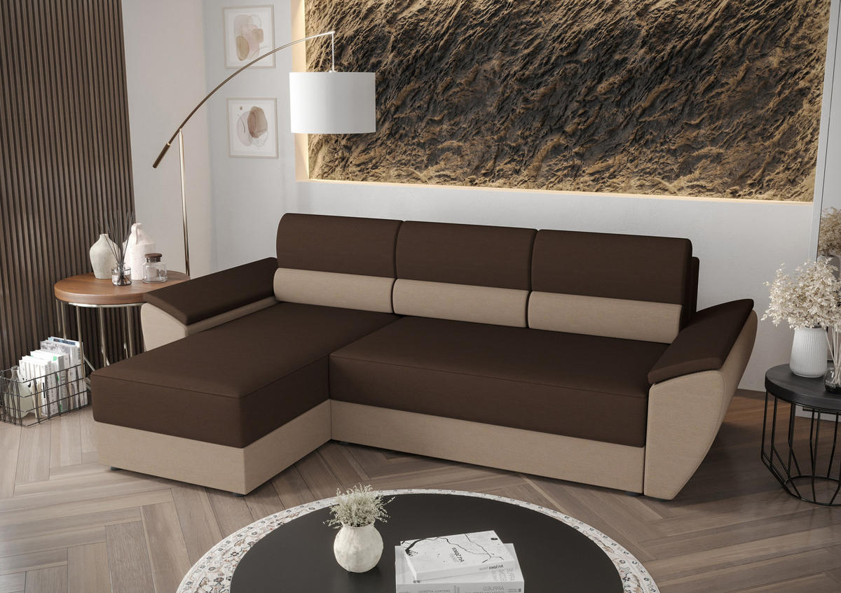 ECKSOFA L REBI L2 Rainbow 20/05 Links mit Schlaffunktion, Braun/Beige, L-Form - Beige/Braun, Textil (251/140cm)