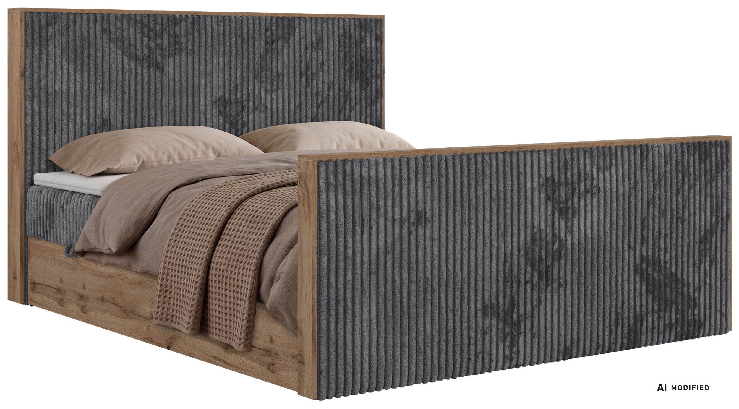 BOXBETT WOOD DUO 200/200 - Grau Cord - Topper Visco - H3 - Schwarz/Grau, Kunststoff/Textil (200/200cm) - MKS