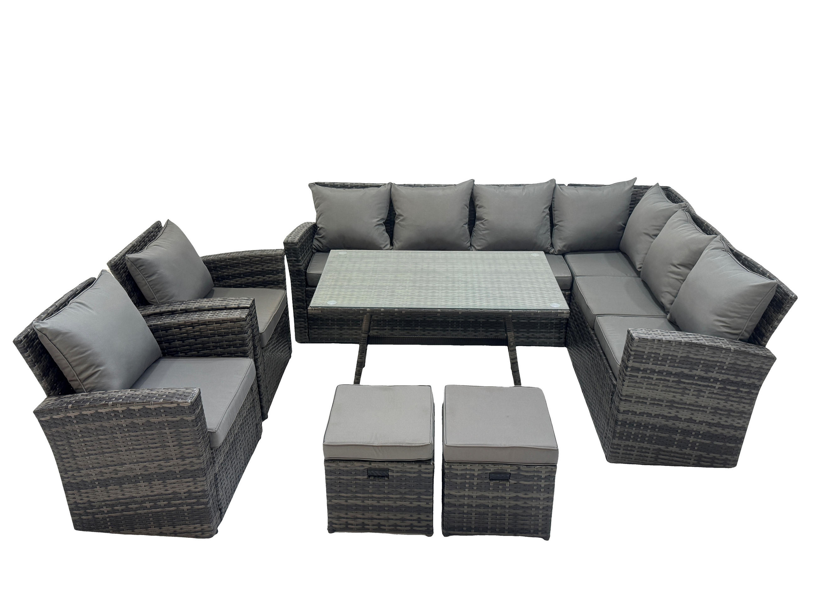 LOUNGEMÖBEL-SETS mit Esstisch Sofa Polyrattan Dunkelgrau 10-Sitzer - Dunkelgrau/Grau, Glas/Kunststoff - Fimous