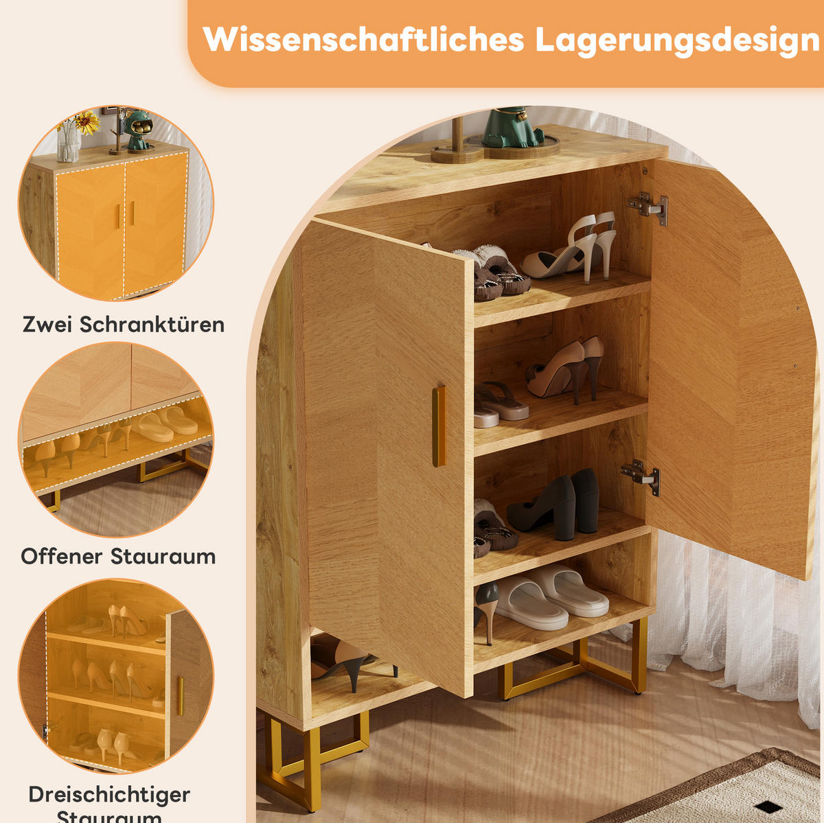 SCHUHSCHRANK 80/38/100 cm mit Soft-Close und offenem Fach, MDF in Holzoptik, Natur - Naturfarben, Holzwerkstoff (80/100/38cm) - Redom