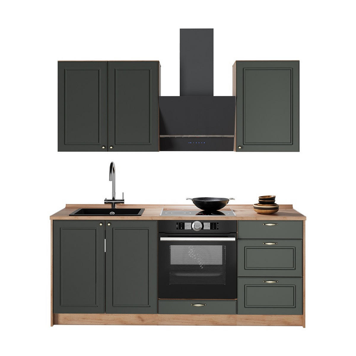 SINGLEKÜCHE Fame-Line, Grün-Gold Landhaus/Goldkraft Eiche, 190 cm, AP Anthrazit - Honigeiche/Grün, Holzwerkstoff (190/206.8/60cm) - Vicco