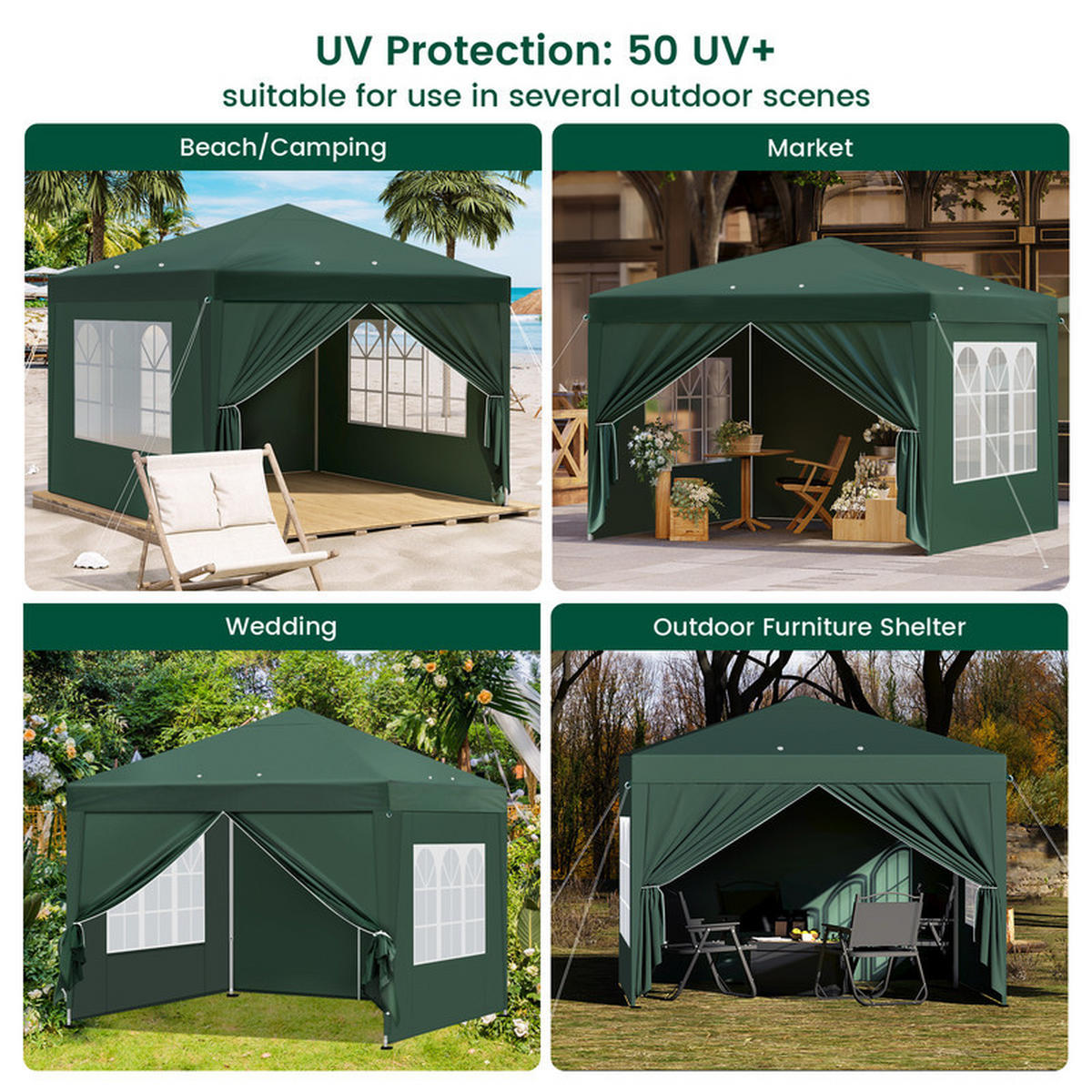 POP-UP-GARTENPAVILLON – 3×3 m, wasserdicht, höhenverstellbar, mit Seitenwänden und Fenstern - Grün, Metall (300/270/300cm) - Kaket