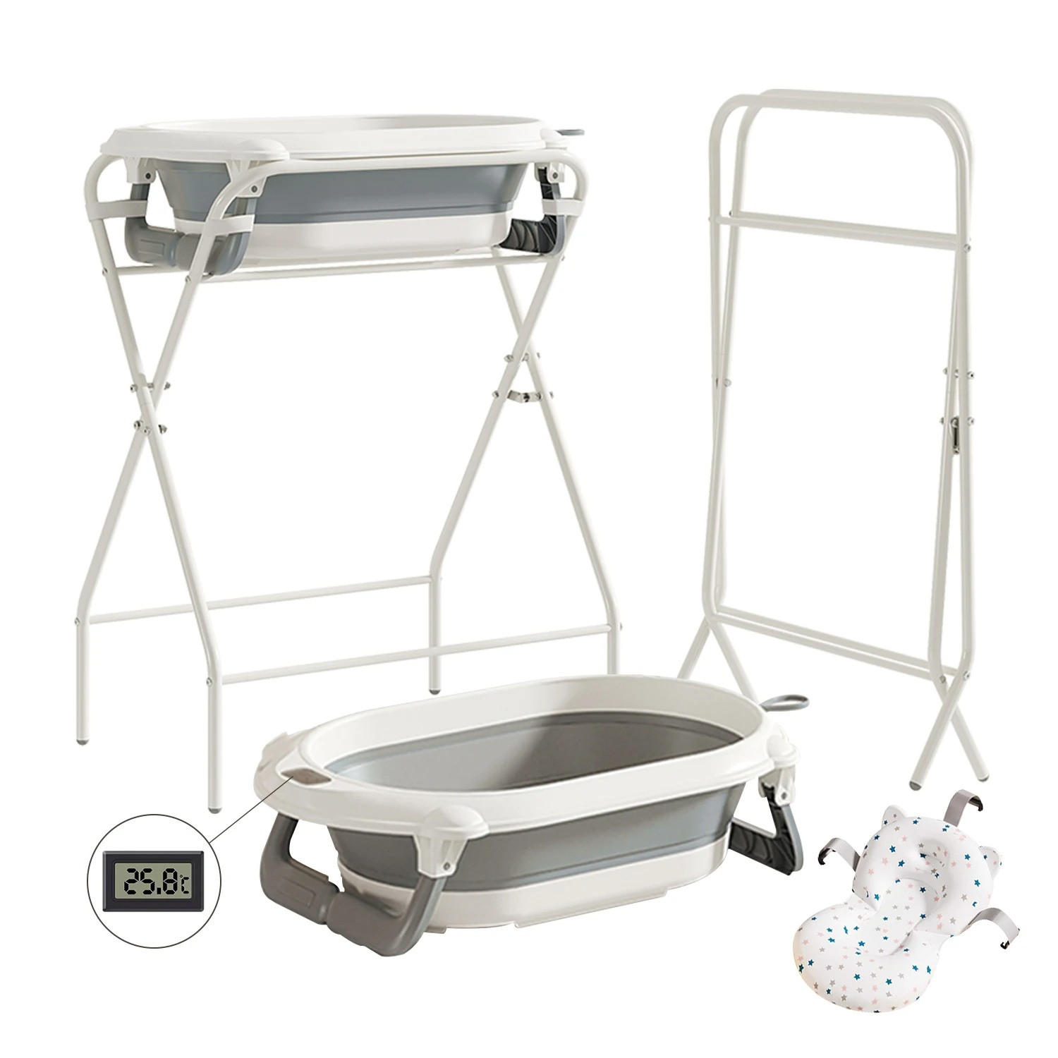 BABYBADEWANNE 3-in-1 mit Ständer, faltbare, Thermometer und Badekissen, Grau - Grau, Kunststoff (80/60cm) - Kaket
