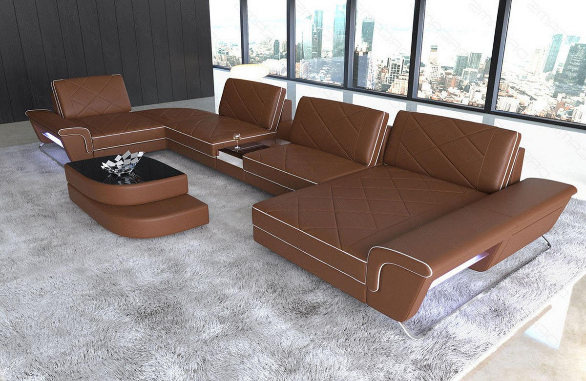 WOHNLANDSCHAFT Bari U - Hellbraun, Leder (456/89/243cm) - Sofa Dreams