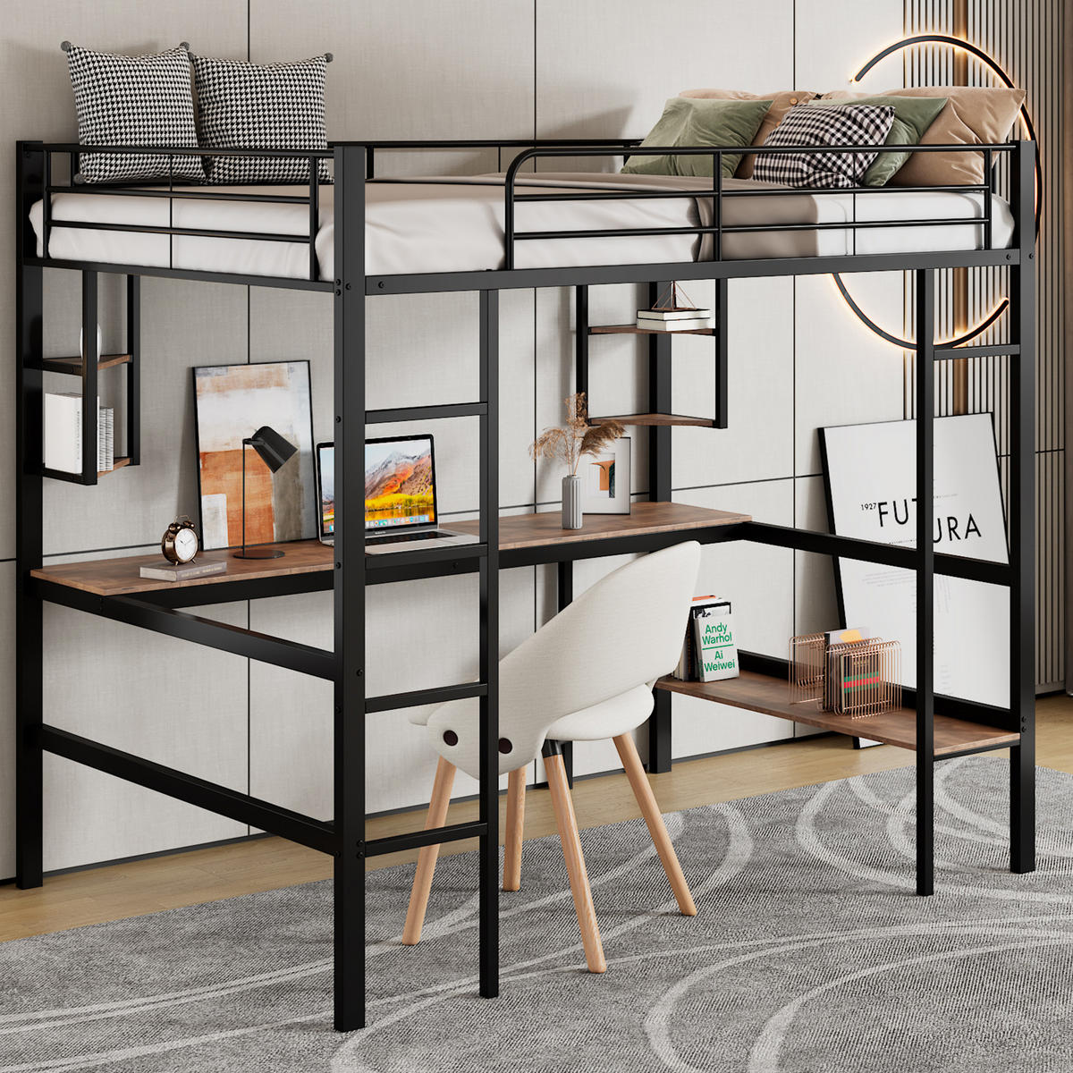 HOCHBETT aus Metall und MDF 90x200 cm Schwarz mit Schreibtisch und Regalen, platzsparendes Design - Schwarz, Metall (90/200cm) - Modfu
