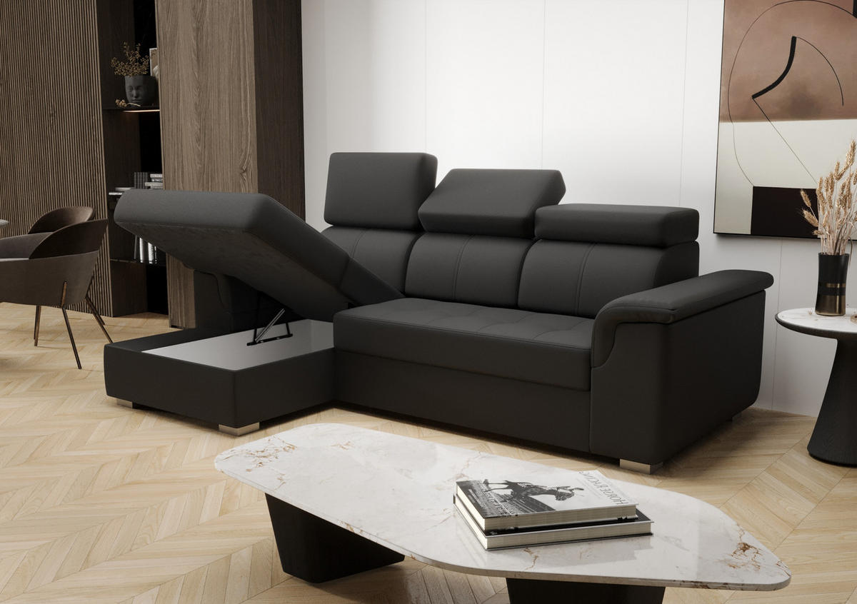 ECKSOFA KONGO RBN06, Eckcouch in L-Form mit Schlaffunktion, Farbe: Schwarz, Kunstleder, Ottomane Links - Schwarz, Textil (247/165cm) - O-Sofa