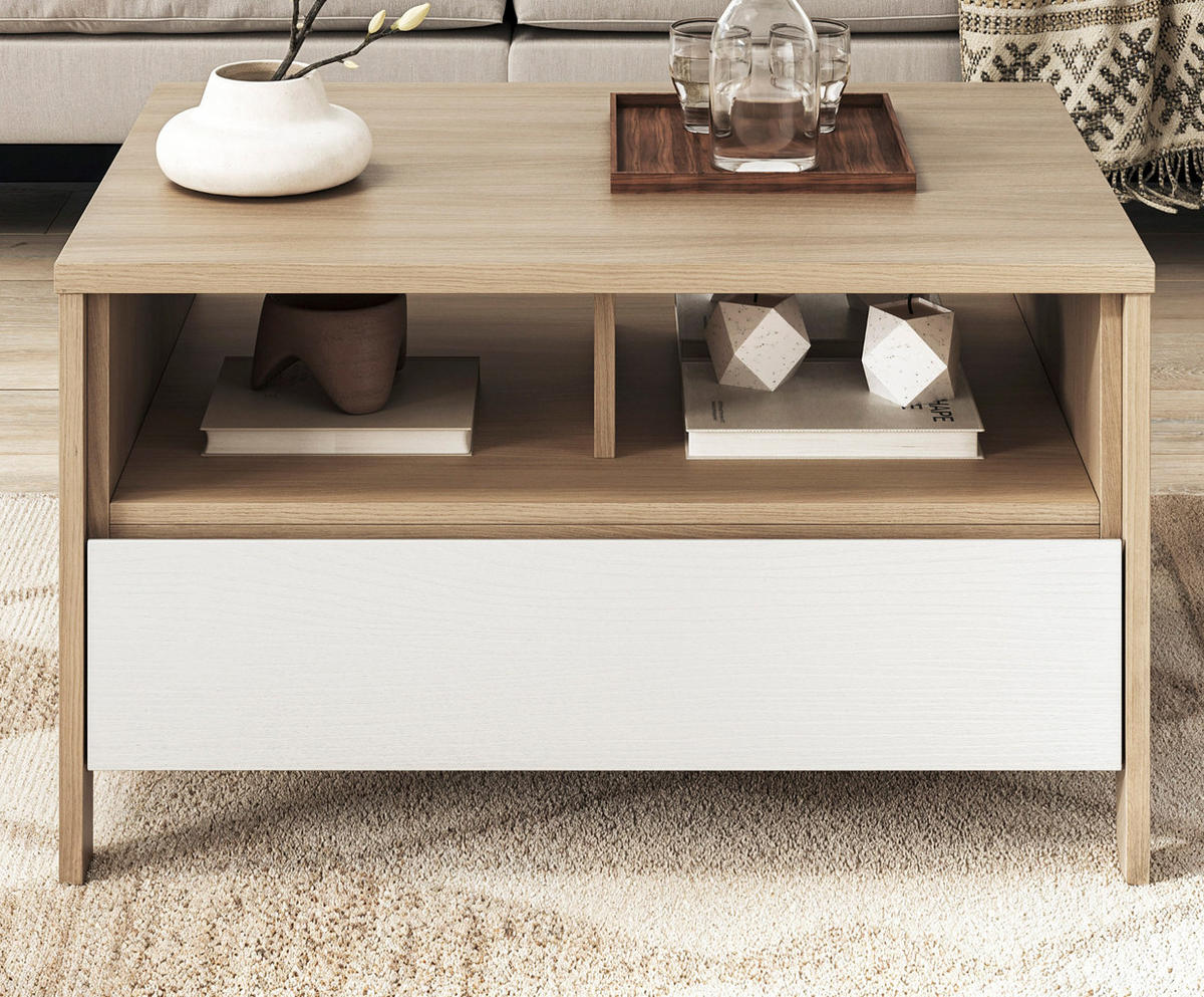 COUCHTISCH in weiß und Eiche Beistelltisch skandinavisch 80 x 60 cm, Soft-Close Finnes - Eichefarben/Weiß, Holzwerkstoff (60/80/46cm) - Furn.Design