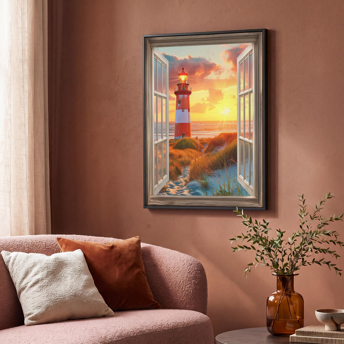 LEINWAND Bilder mit Rahmen - Aussicht - Fenster - Leuchtturm - Sonnenuntergang - Strand - 70x100 - Dunkelorange, Textil (70/100cm) - MuchoWow