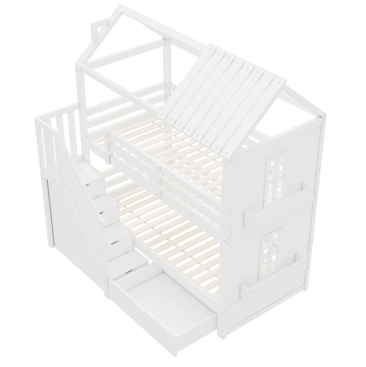 ETAGENBETT aus Kiefer und MDF 90x200 cm Weiß mit Stauraumtreppe, Schubladen und Regalen - Weiß, Holzwerkstoff (90/200cm) - Modfu