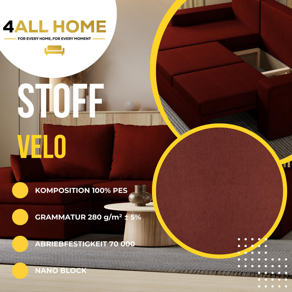 ECKSOFA Paco mit Bettkasten und Schlaffunktion, L-Form/XL-Form, Velourstoff, Universal - Weinrot, Holzwerkstoff (246/145cm) - 4ALL HOME