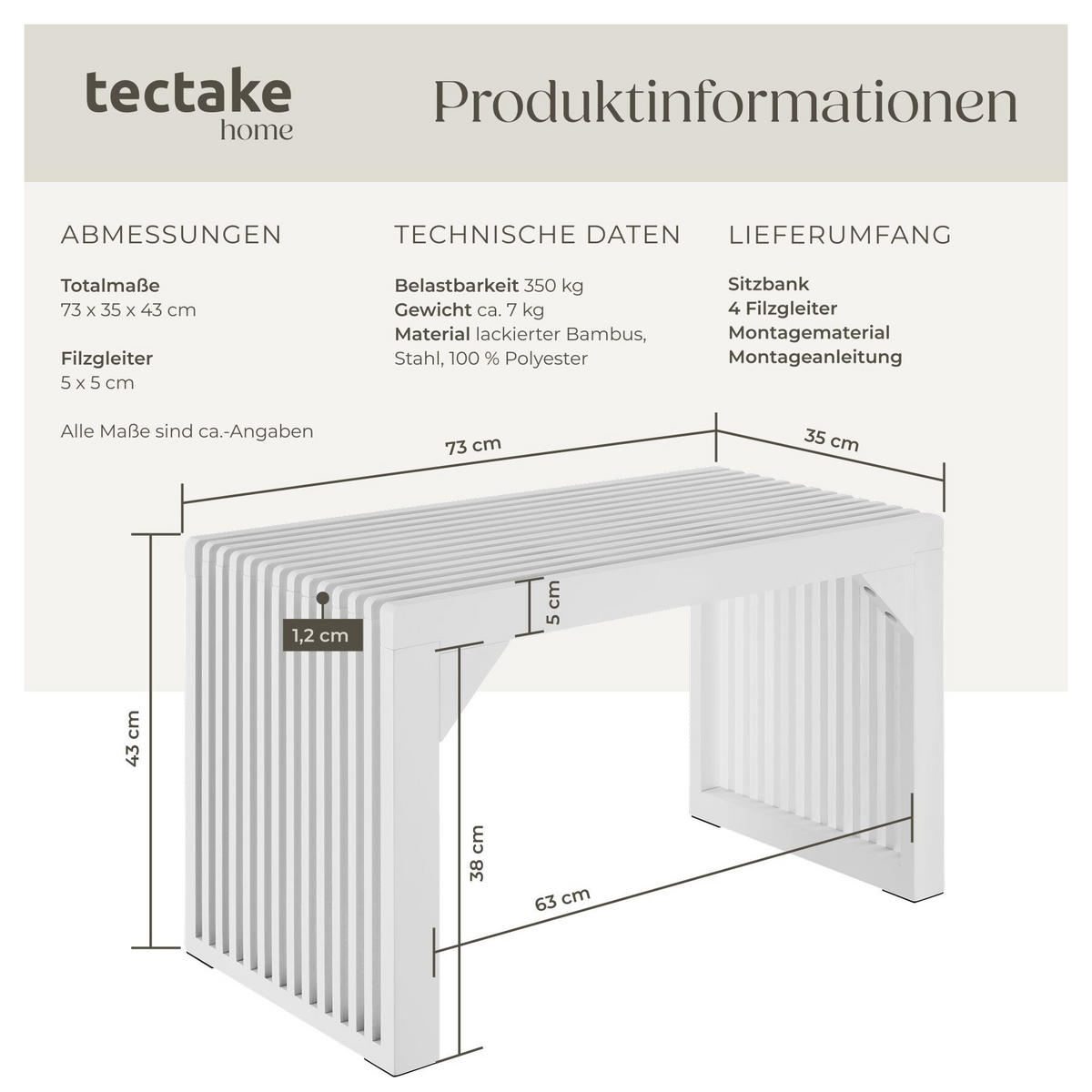SITZBANK Ribb, Belastbarkeit 350 kg, weiß - Weiß, Holz (73/43/35cm) - tectake