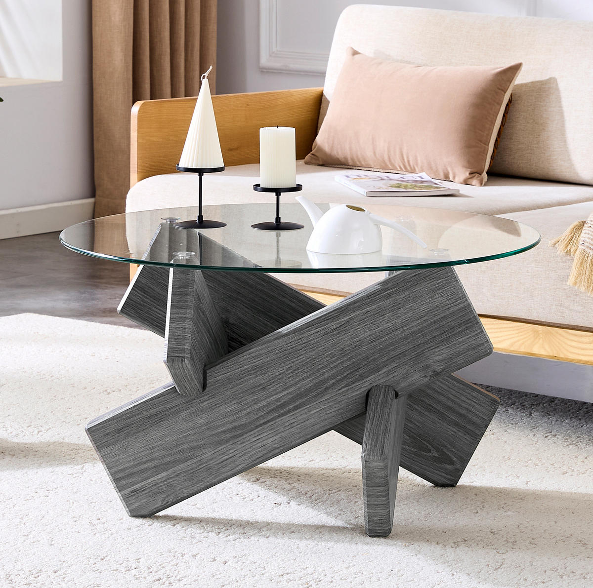 COUCHTISCH rund Ø 79 cm MDF Glas Grau Transparent - Transparent, Glas (79/79/45cm) - Meubliv