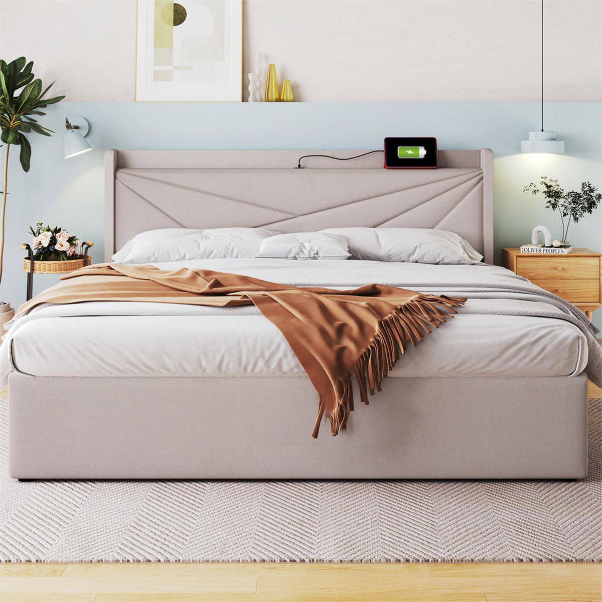 POLSTERBETT 160/200 cm in Linen mit Matratze - Beige, Holz/Textil (160/200cm) - KOMHTOM