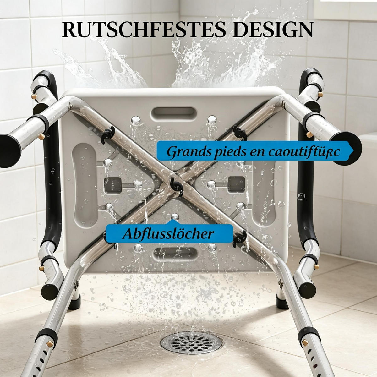 DUSCHSTUHL 6-fach höhenverstellbar, DE-42181, Silber/Weiß - Weiß, Kunststoff/Metall (45/69/52cm) - ComfortXL