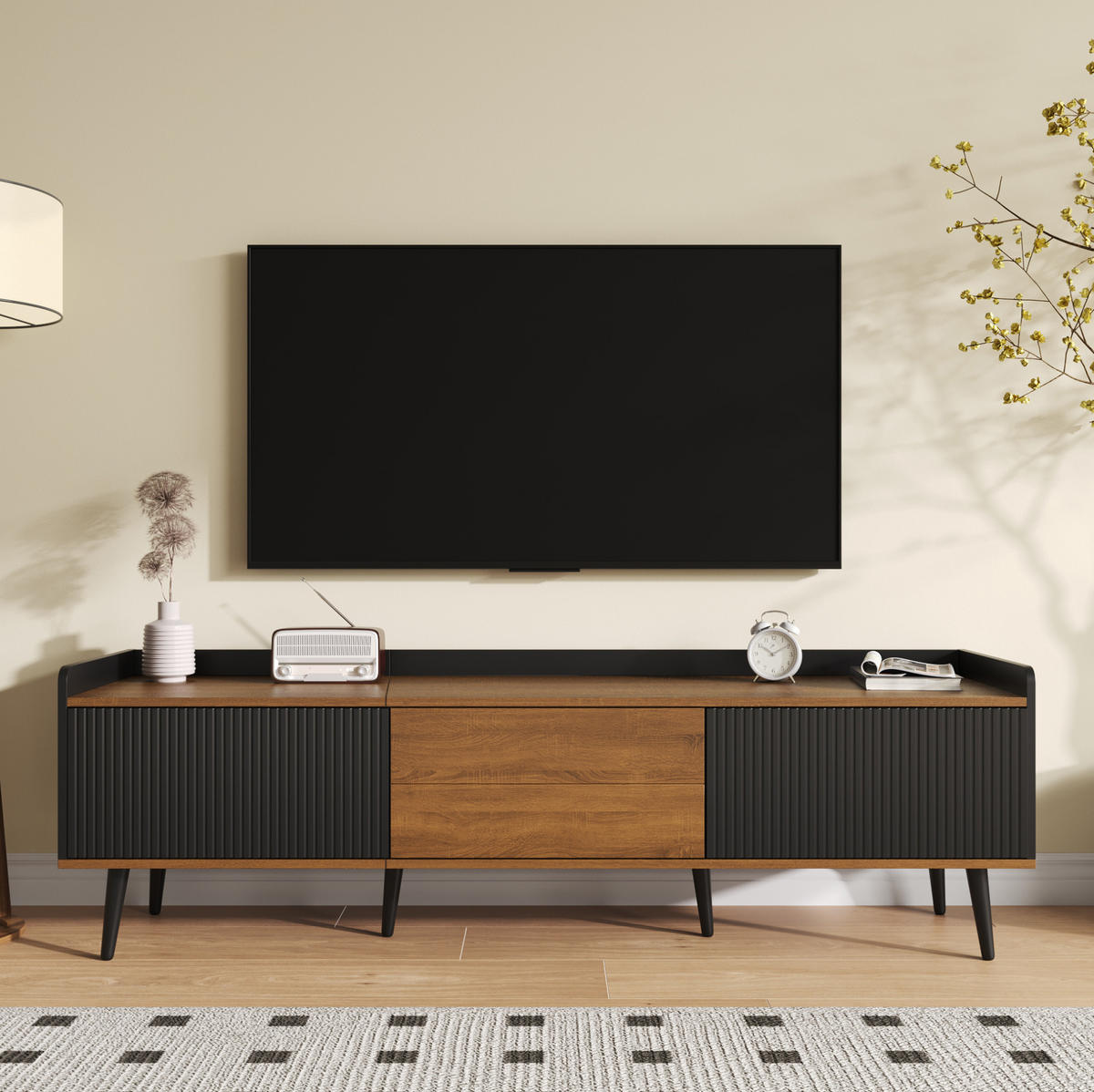 TV-SCHRANK 160/39/49,5 cm schwarz und natur E1 MDF mit dreitürigem Design - Schwarz, Holzwerkstoff (160/49.5/39cm) - OKWISH