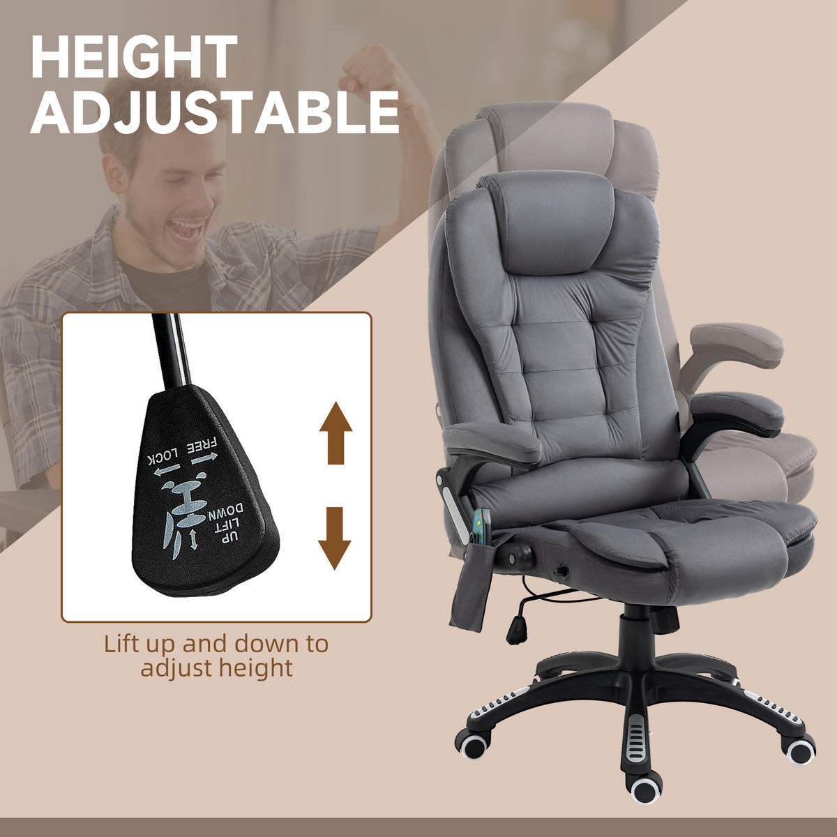 MASSAGE-BÜROSTUHL mit Wippfunktion, Schreibtischstuhl mit Heizfunktion, Grau - Dunkelgrau/Schwarz, Kunststoff/Textil (74/116/67cm) - Vinsetto
