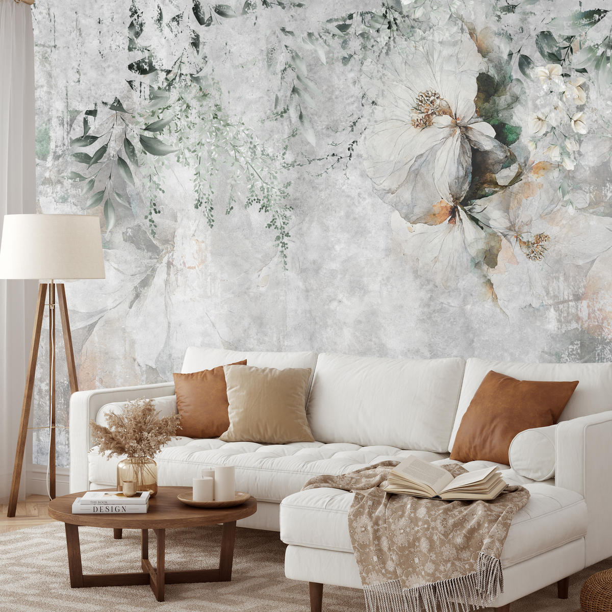 FOTOTAPETE für Esszimmer Zarte Blumen Blätter Beton 100x70 - Orange/Grau, Papier (100/70cm) - Muralo