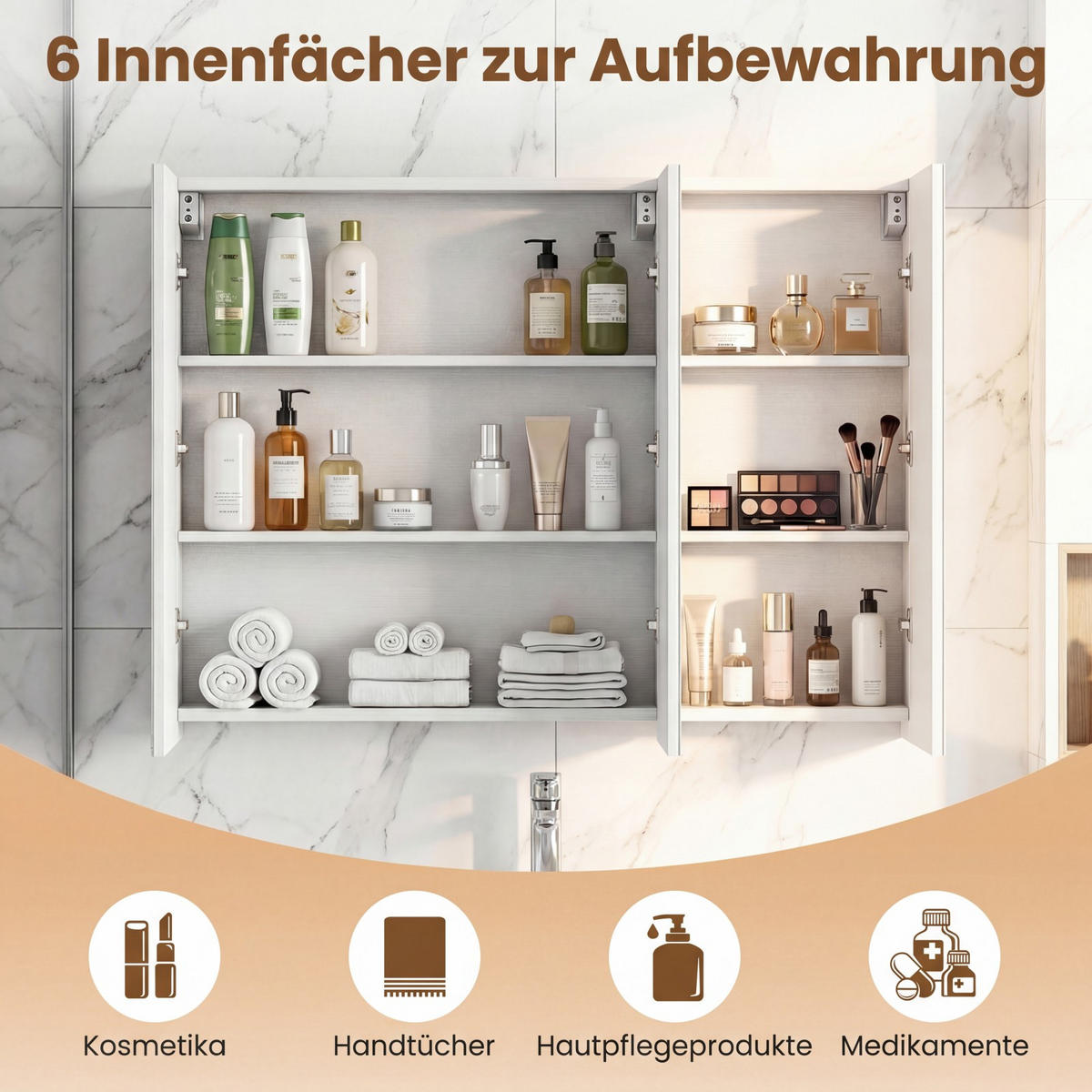 BAD-SPIEGELSCHRANK mit 3 Türen weiß - Weiß, Holzwerkstoff (87/12.5/65cm) - COSTWAY
