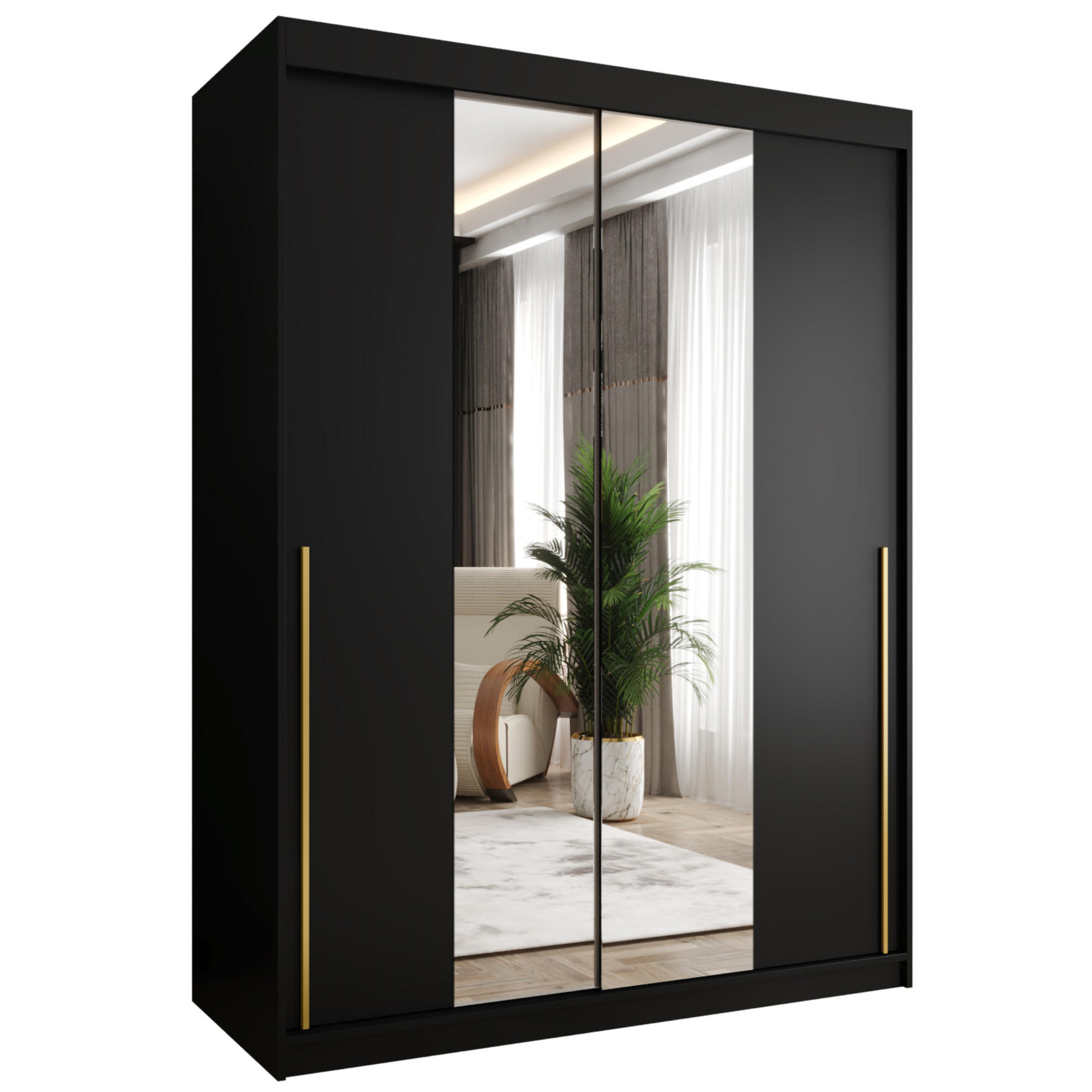 SCHIEBETÜRENSCHRANK mit Spiegel 150 cm Breite, Schwarz mit goldenem Griff - Goldfarben/Schwarz, Holzwerkstoff (150/200/62cm) - Home Collective