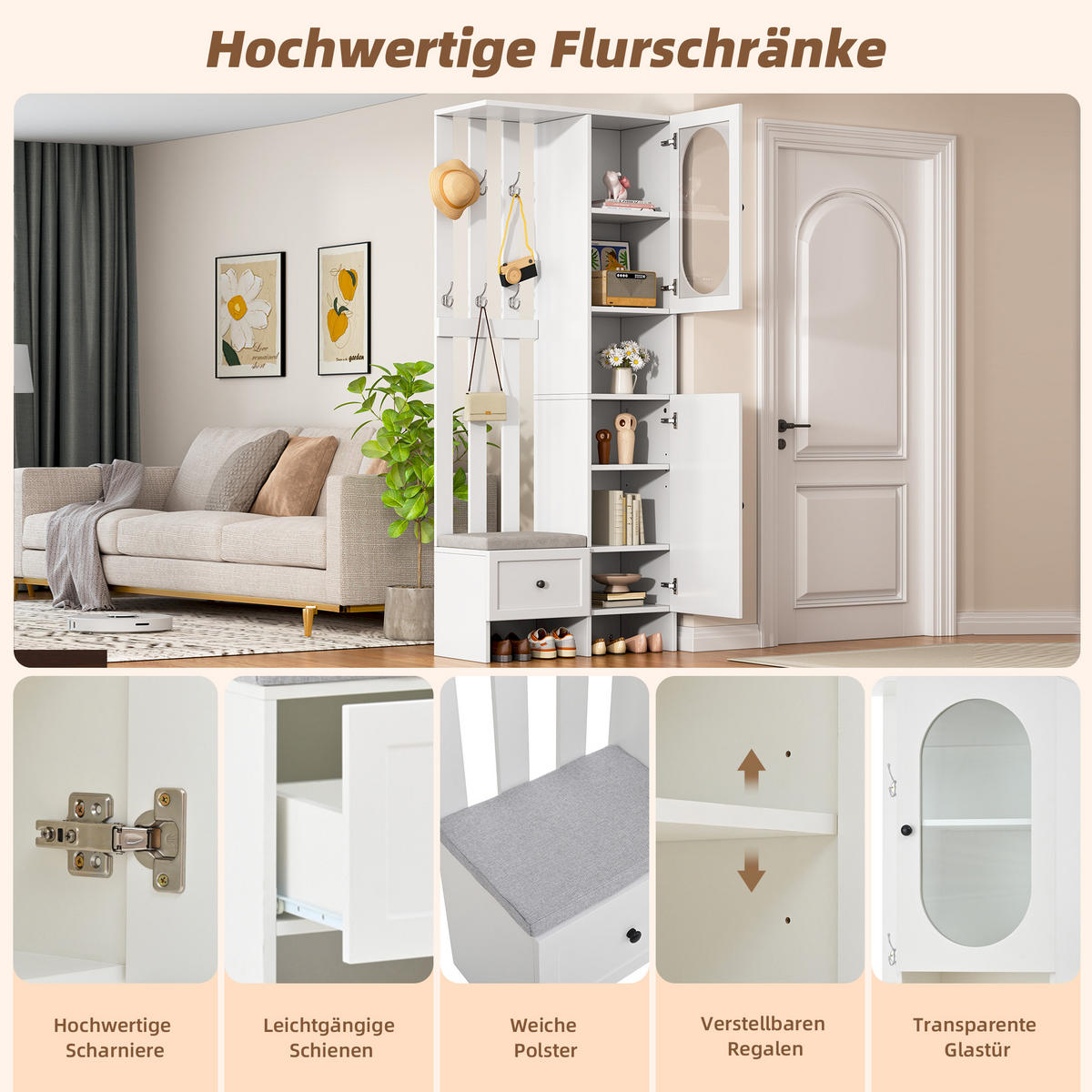 DIELENGARDEROBE 85/33,5/200 cm in Weiß mit 6 Haken und Schuhbank - Weiß, Holzwerkstoff (33.5/200/85cm) - BEAOK