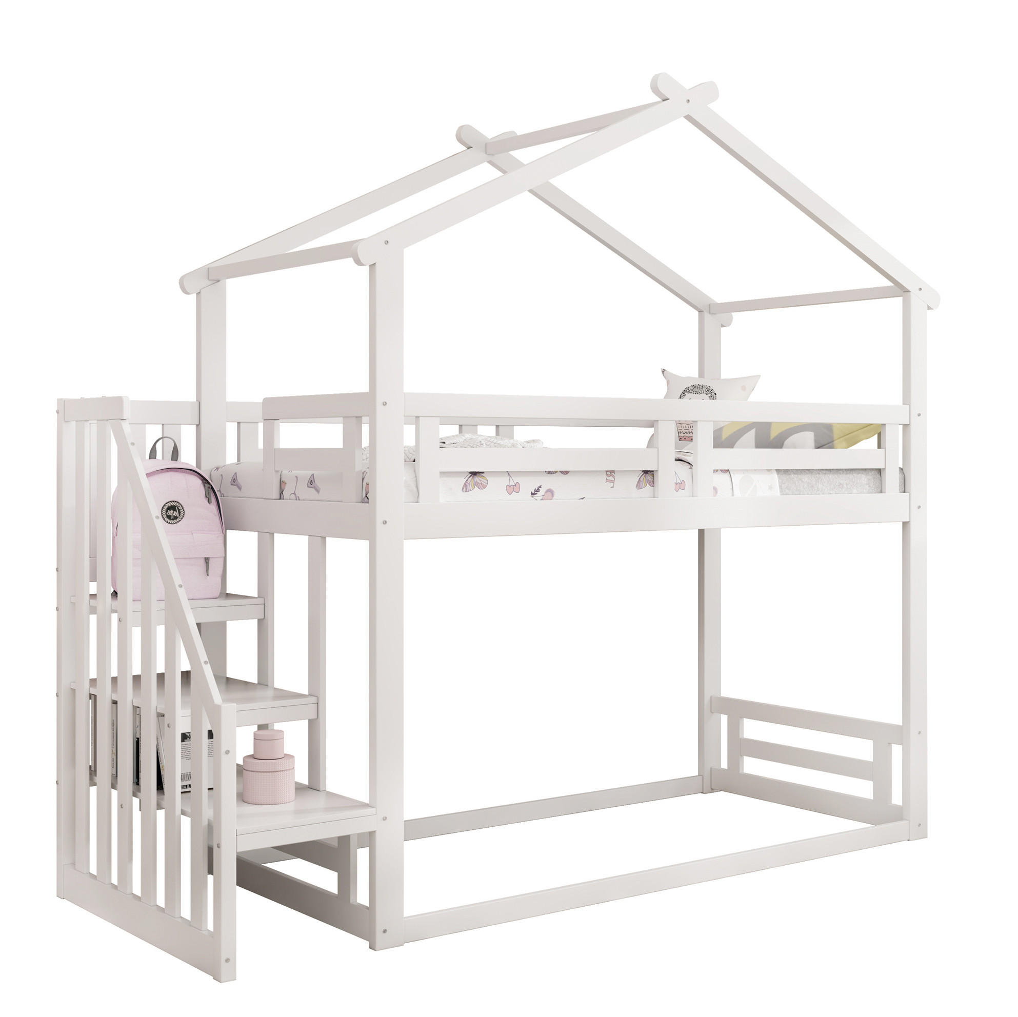 ETAGENBETT 90/200 cm mit Hausdesign, Sicherheitsleiter und Stauraumregal, Weiß - Weiß, Holzwerkstoff (90/200cm) - Redom