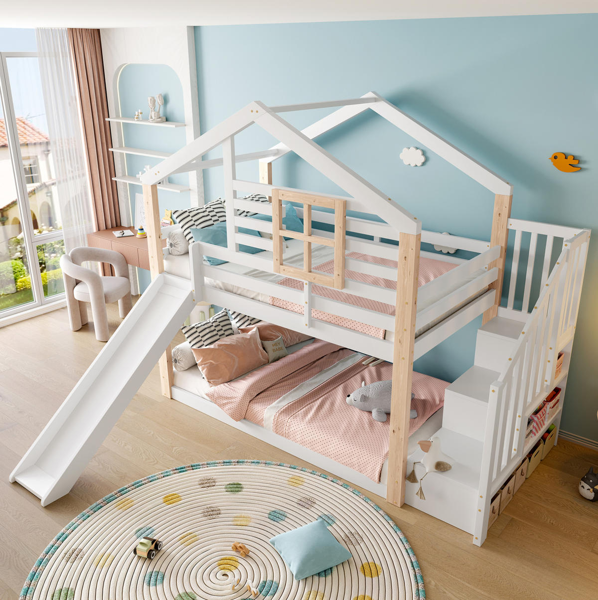 HAUSBETT 90/200 cm Weiß aus Holz mit Rutsche und Treppe mit Stauraum - Weiß, Holz (90/200cm) - Flora Grace