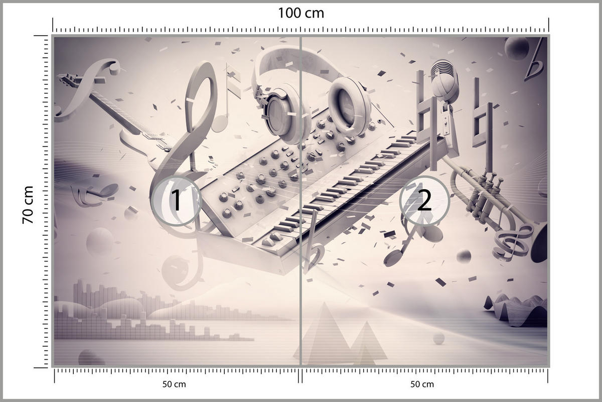 FOTOTAPETE für Jugendzimmer Modern Kollage Musik Klavier Noten Kopfhörer 100x70 - Grau, Papier (100/70cm) - Muralo