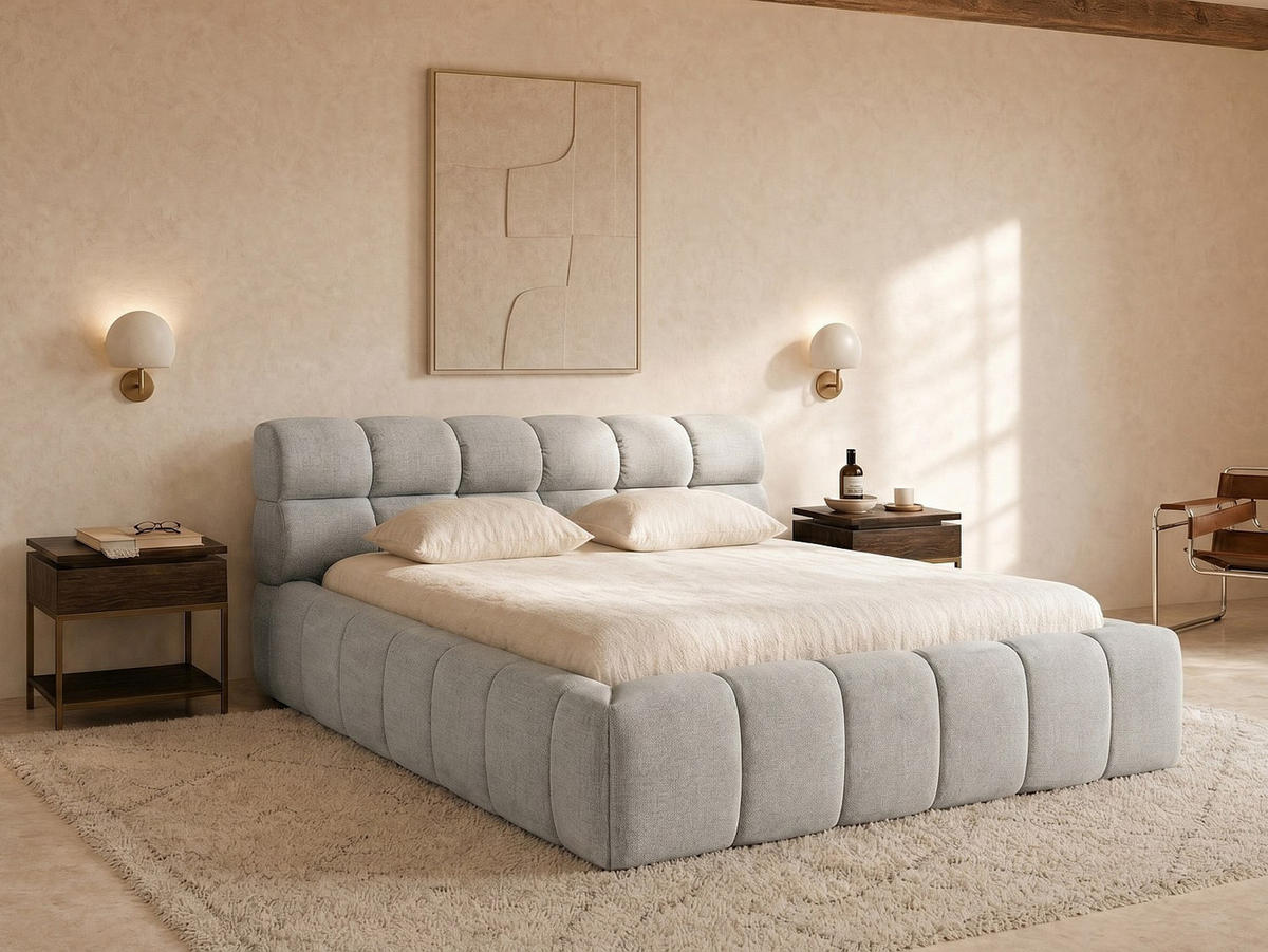 BETT mit Bettkasten - 2 Personen - Stoff - Hellgrau - Hellgrau, Textil (160/200cm) - Vente-Unique
