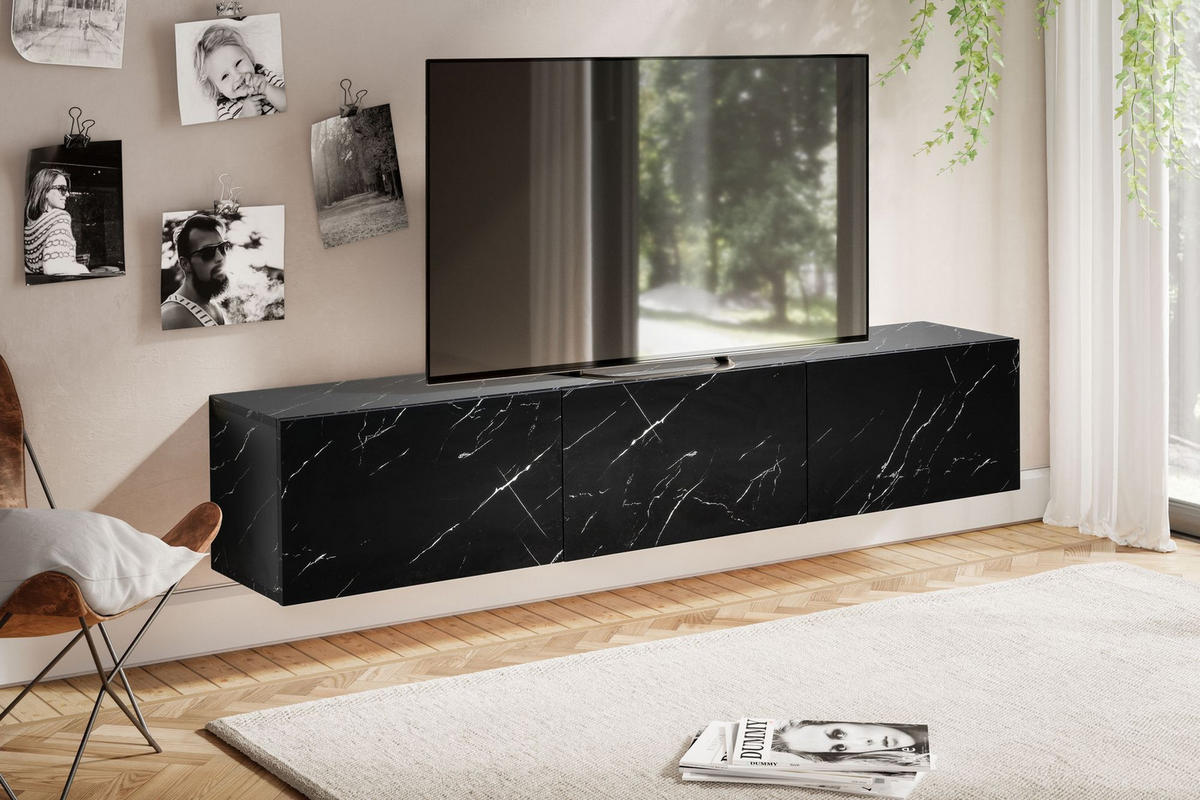 TV-LOWBOARD hängend groß, Marmor-Optik, Klapptüren, modern, Schwarz 160x30x30 cm - Schwarz, Metall (160/30/30cm) - KADIMA DESIGN