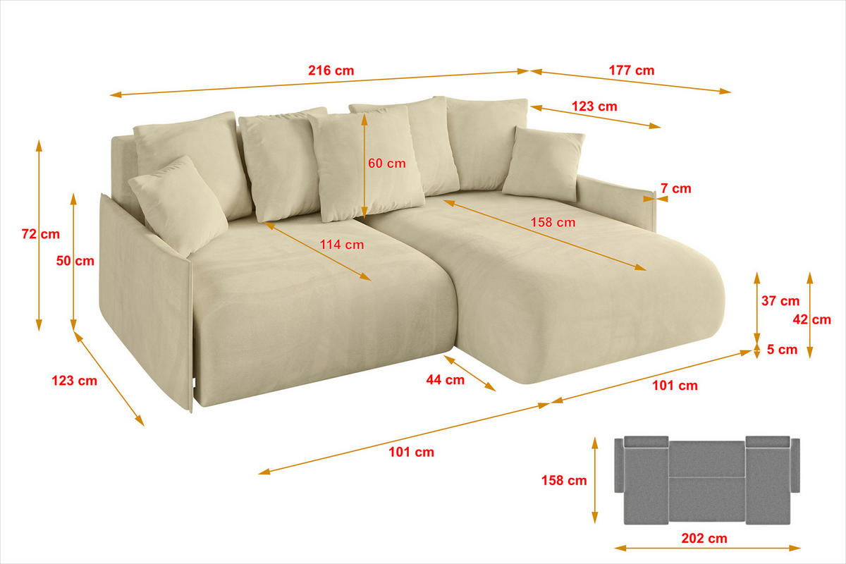 ECKSOFA Ottomane rechts ONESK-L -v1 216x177x72 Beige Velours - Taupe, Holzwerkstoff/Kunststoff (177/216cm) - ALTDECOR