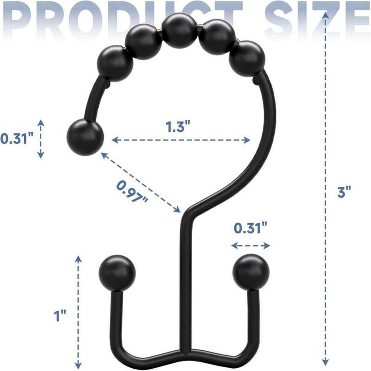 DUSCHVORHANGHAKEN 12er-Pack Mattschwarz Metall rostfrei doppelte Gleithaken - Schwarz, Metall (3.5/3.5/7.5cm) - MCBOSON