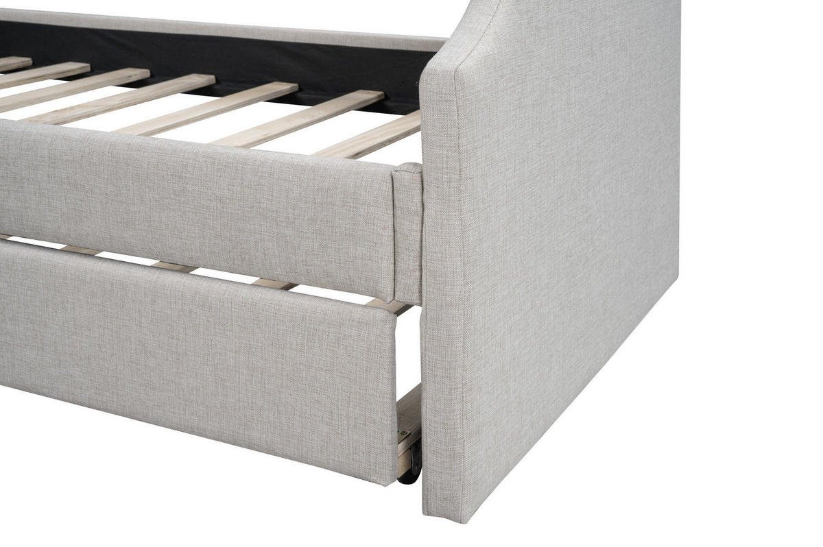 POLSTERBETT 90/200 cm Beige aus Leinen und Sperrholz mit Rollbett - Beige, Textil (90/200cm) - OKMYHOME