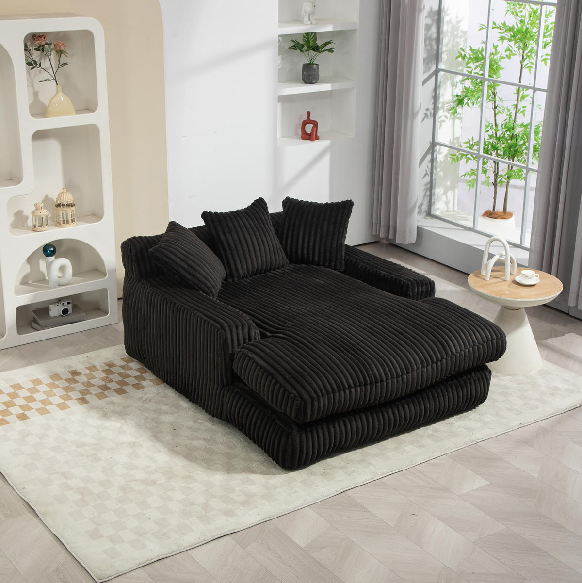 BIGSOFA Chaiselongue Cord mit 3 Kissen bodennah und ohne Montage 125/155/63 cm Schwarz - Schwarz, Textil (63/125/155cm) - Redom