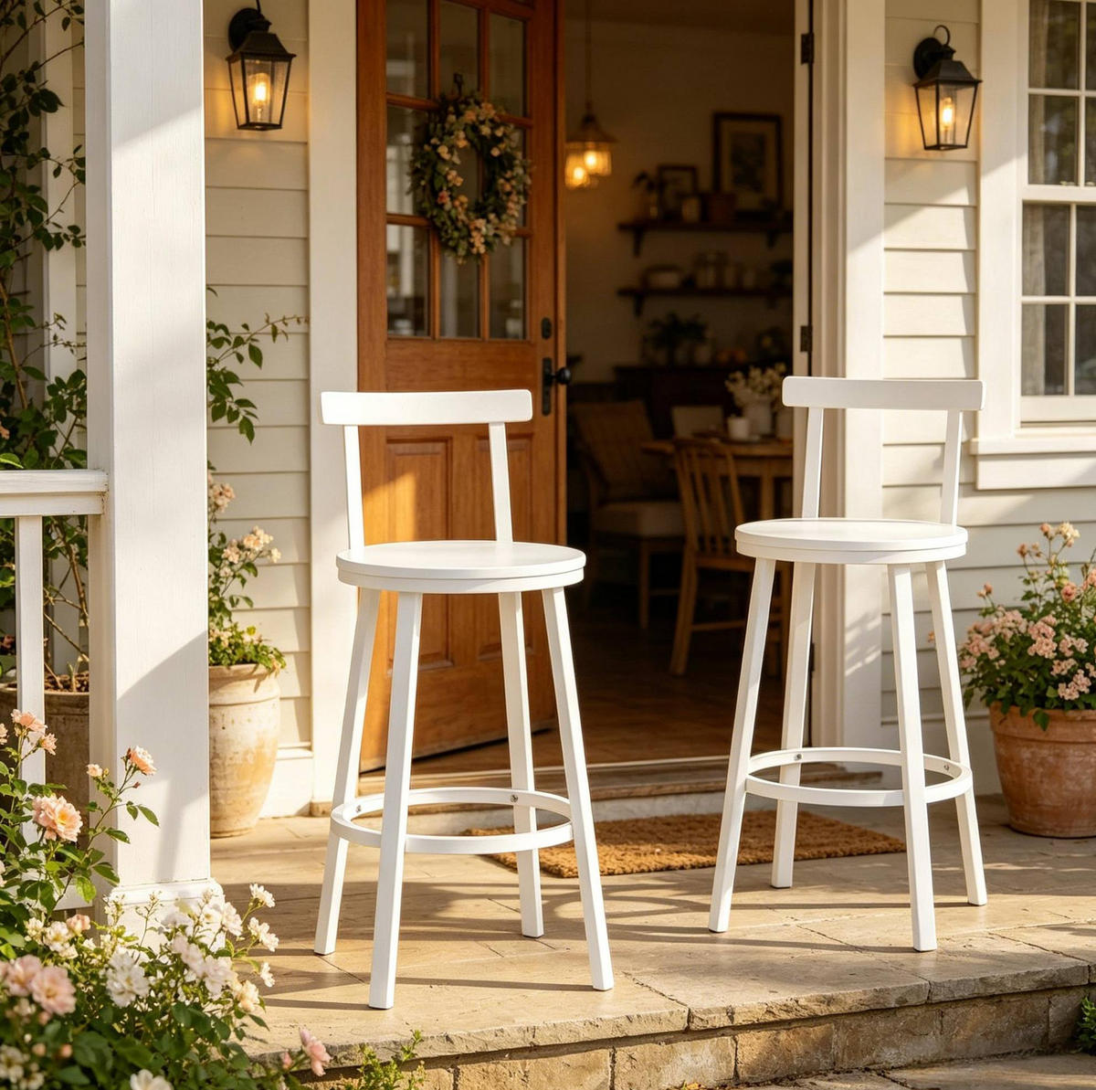 BARHOCKER 2er-Set mit Rückenlehne 65 cm Weiß MDF/Metall - Weiß, Metall (51.5/89/51.5cm) - Meubliv