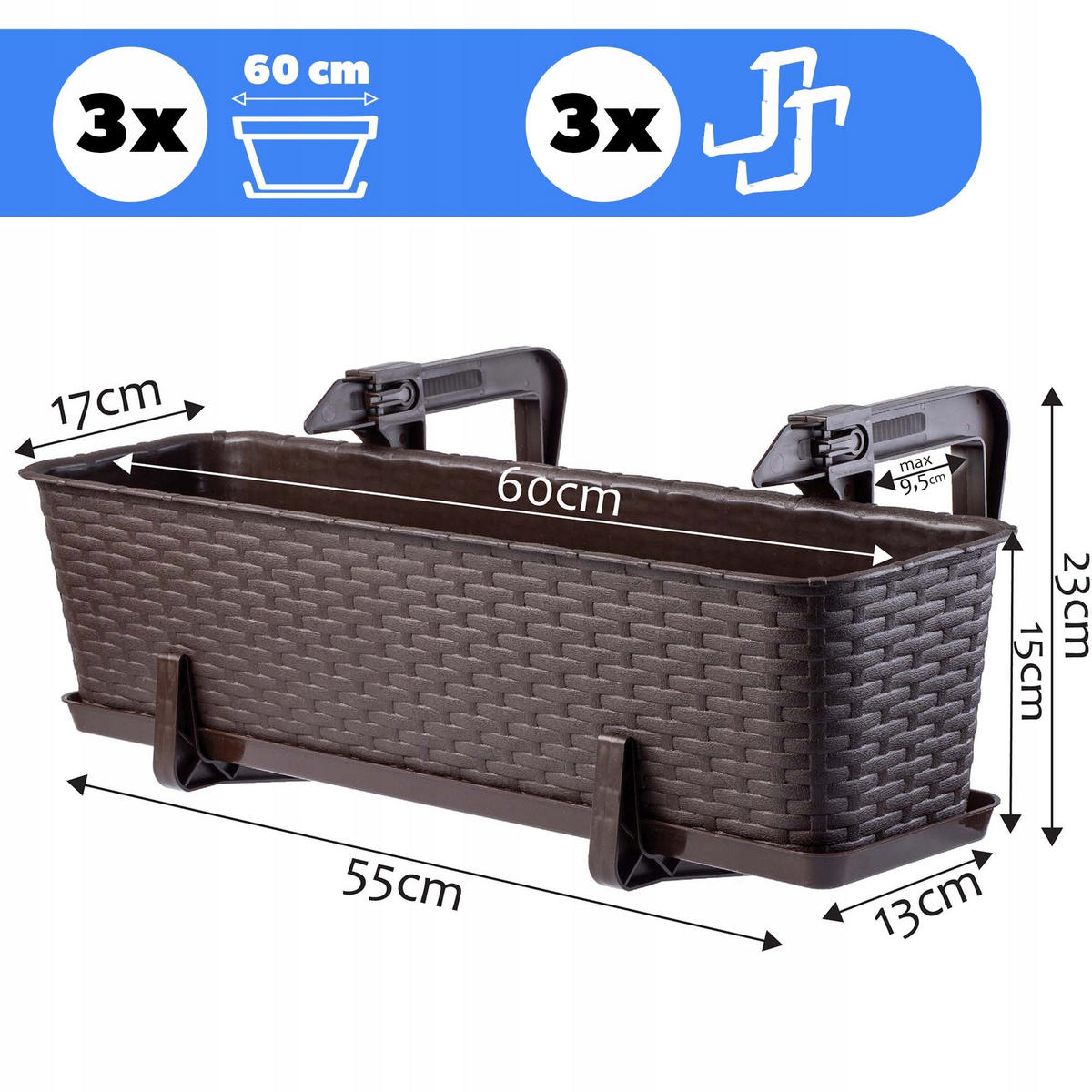 BALKONKASTEN mit Griffen, Braun, 60 cm, 3 Stk. - Braun, Kunststoff (17/60cm) - KADAX