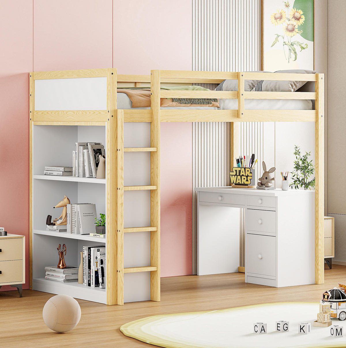 HOCHBETT 90/200 cm aus Kiefernholz – mit Schreibtisch, Stauraum und Leiter - Naturfarben, Holzwerkstoff (90/200cm) - BEAOK