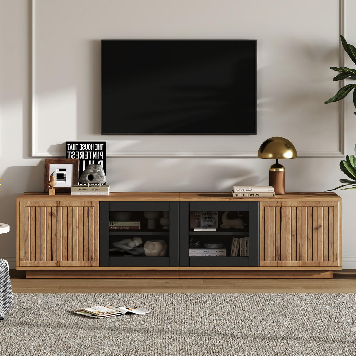 TV-ELEMENT mit LED 180 x 40 x 45 cm Naturholzoptik Schwarz 4 Türen - Braun, Holzwerkstoff (40/45/180cm) - Beauniv