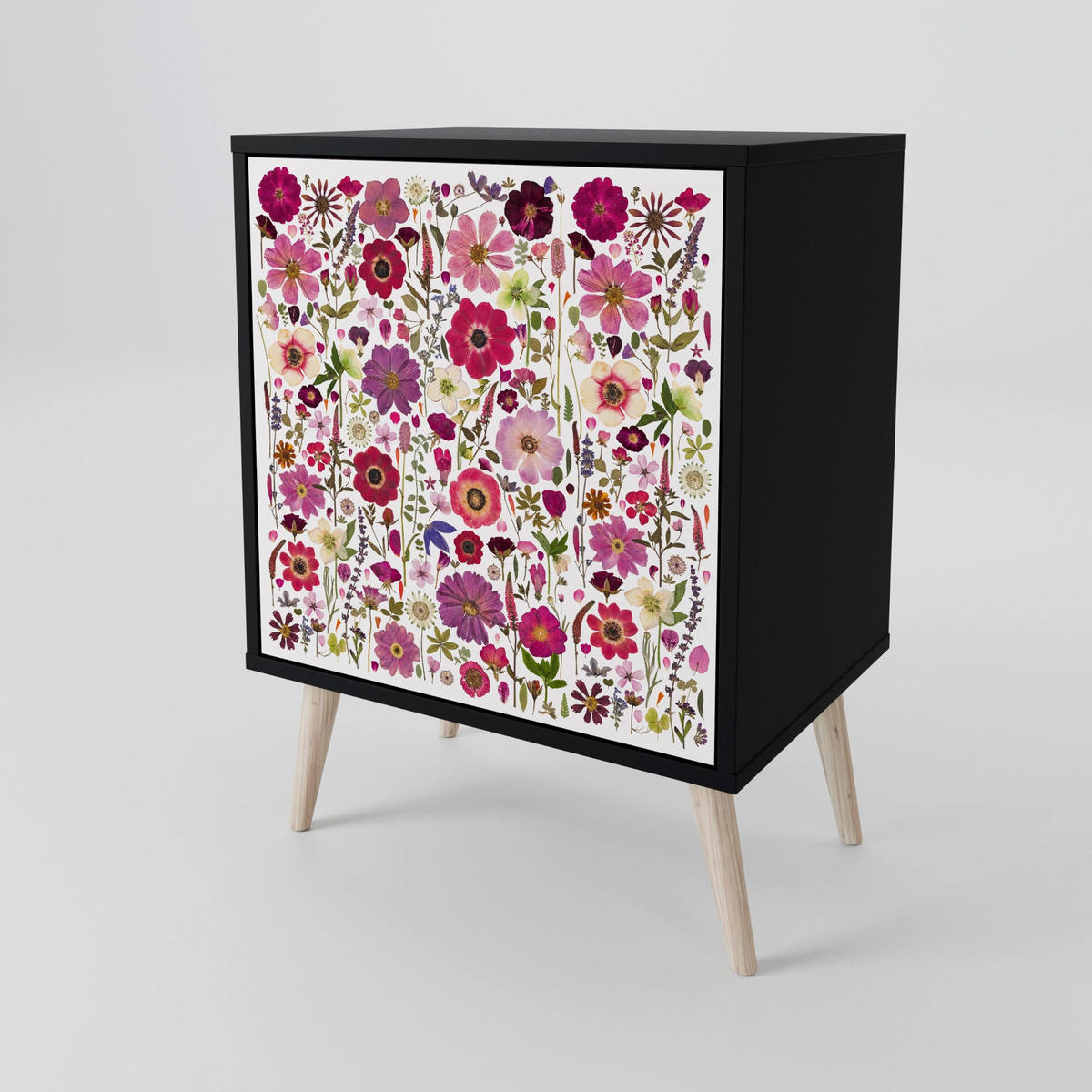 SIDEBOARD PETAL GARDEN, Schwarz, 57,5x42x75,5 cm, Goldfarbene Metallfüße - Goldfarben/Multicolor, Holzwerkstoff/Metall (57.5/75.5/42cm) - SpaceRebels