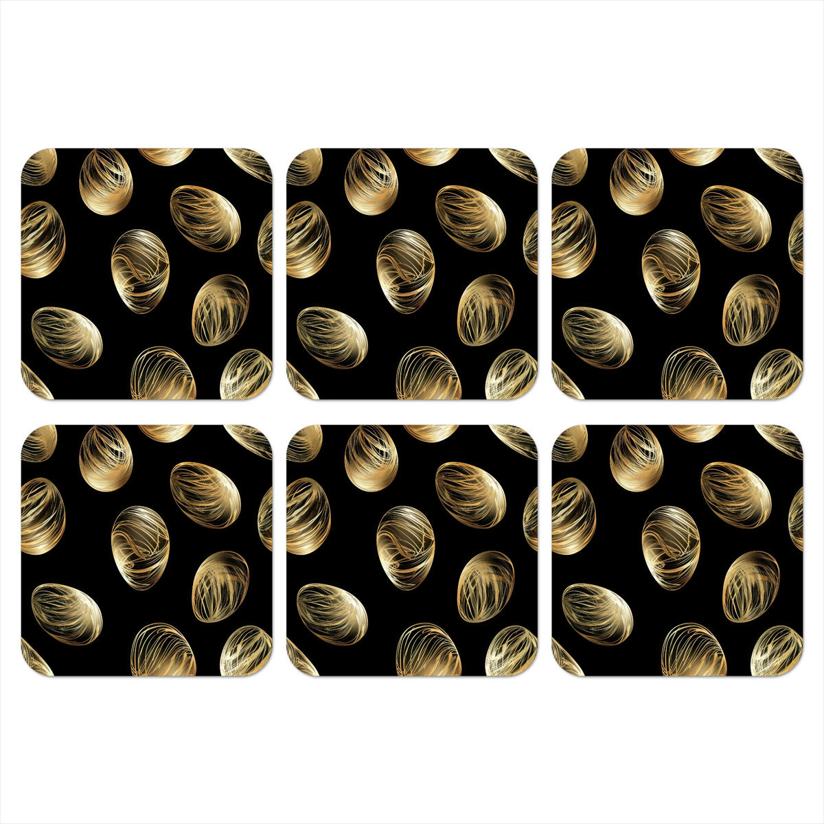 GLASUNTERSETZER 6er-Set Eier - Gold - Muster 10x10 cm - Schwarz, Naturmaterialien (10/0.2cm) - MuchoWow
