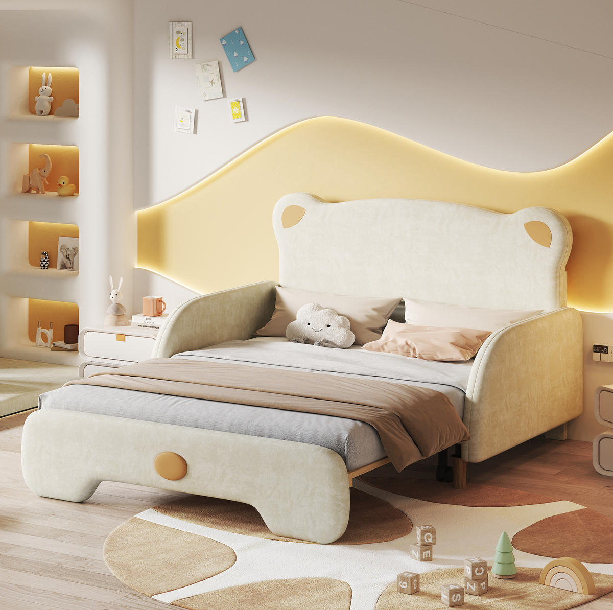 POLSTERBETT 140/200 cm aus Samt mit Bärenform und Ausziehbett Beige - Beige, Textil (140/200cm) - Modenvie