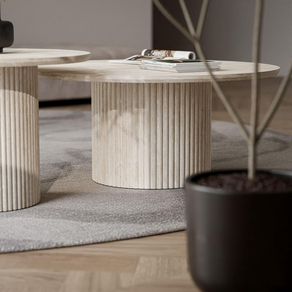 COUCHTISCH-SET OVI mit geriffeltem Sockel - Beige, Holzwerkstoff (80/80/42cm) - Lookway