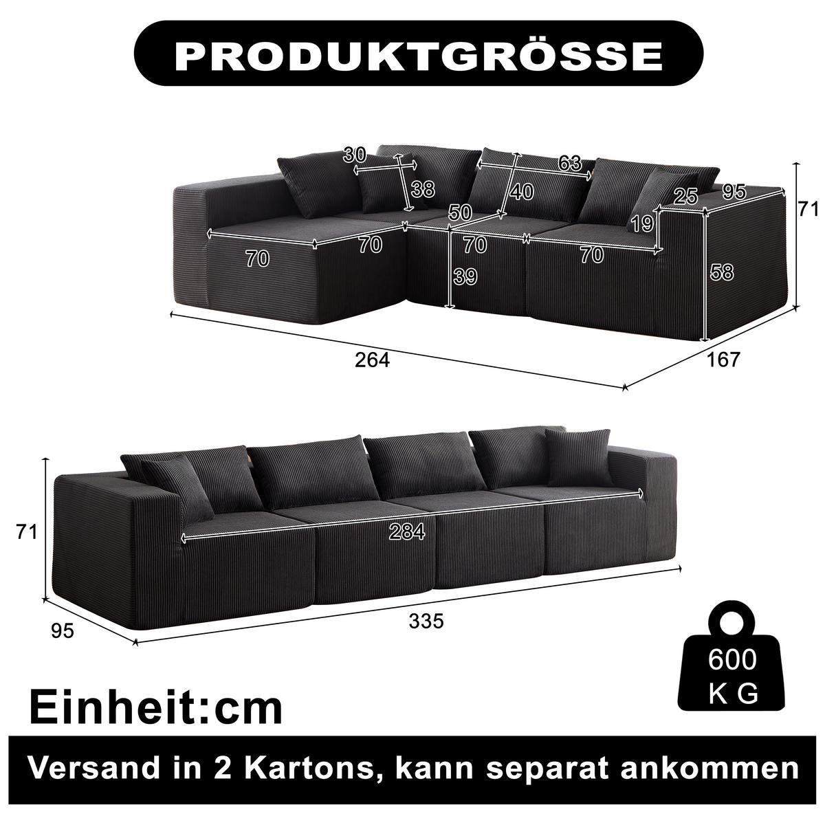 ECKSOFA 264/167/71 cm Schwarz Cord - Schwarz, Textil (264/167cm) - Oxeza
