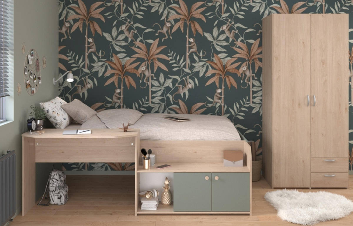 KINDERZIMMER Eiche, grün 2-teilig, Jugendzimmer-Set mit Stauraumbett und Kleiderschrank - Eichefarben/Silberfarben, Holzwerkstoff/Kunststoff (203/79/136cm) - Parisot Meuble